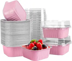 30 Pcs 5oz Mini Square Baking Cups with Lids Pink Aluminum Foil Cake Pans Disposable Ramekins for Wedding Birthday Party Dessert Cups Cupcake Pans