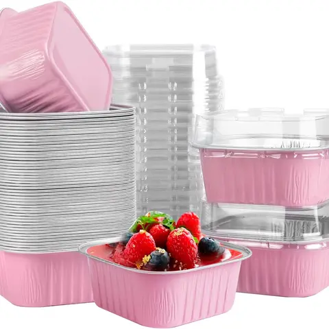 5oz (140ml) Pink Aluminium Disposable Baking Cups with Lids - 30pc Batch Set, Food-Safe, Indoor Baking Tools, Picnic-Ready Camping Cups, Easy-to-Carry Kitchen Bakeware