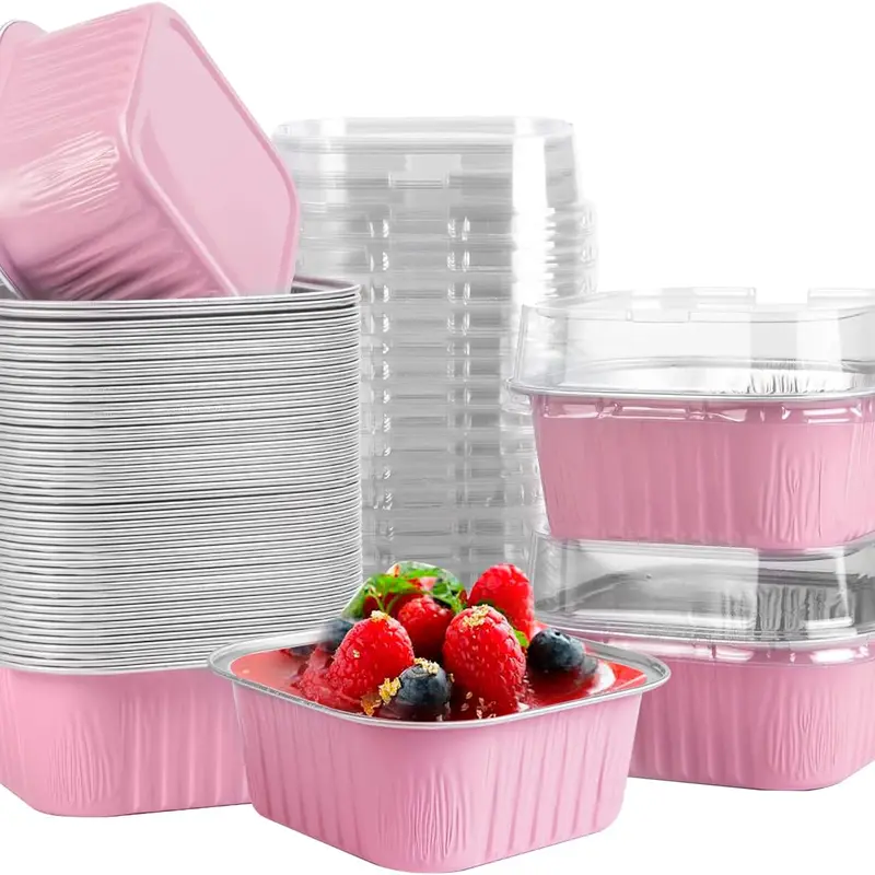 5oz (140ml) Pink Aluminium Disposable Baking Cups with Lids - 30pc Batch Set, Food-Safe, Indoor Baking Tools, Picnic-Ready Camping Cups, Easy-to-Carry Kitchen Bakeware