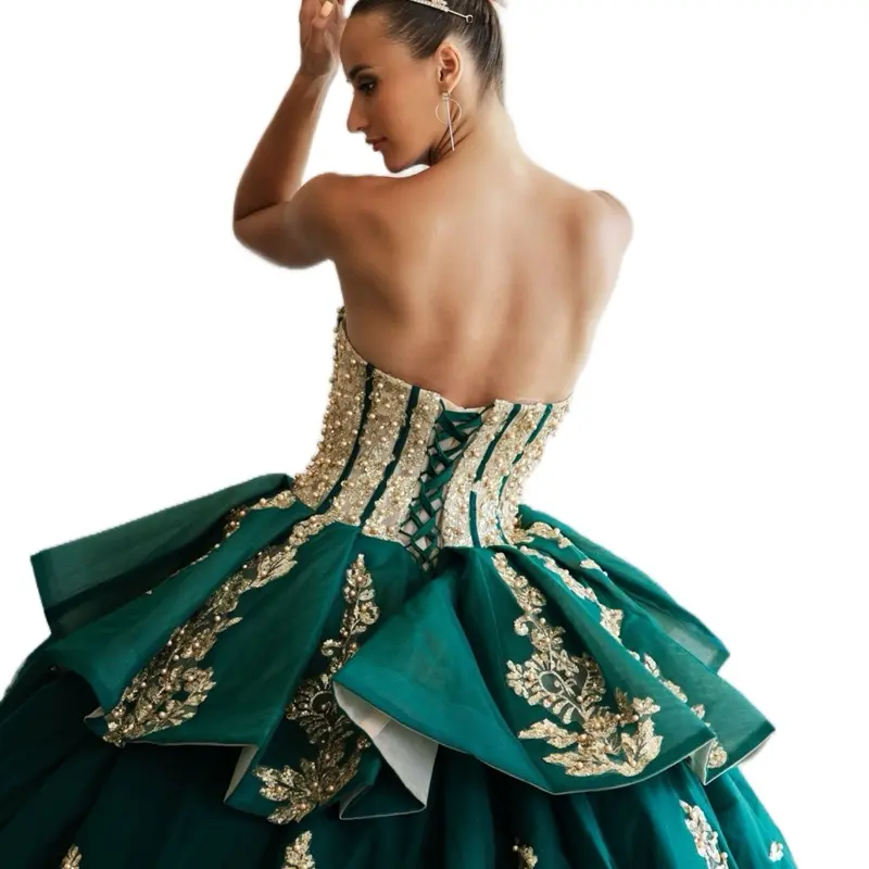 Emerald Green Quince Dress - Elegant Womenswear with Gold Accents - TikTok Shop Emerald Green Quince Dress - Elegant Womenswear with Gold Accents - TikTok Shop