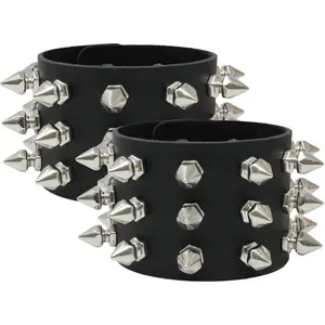 Honbay 2PCS Exaggerated Black Leather Rivet Wristband Spiked Studded Bracelet Gothic Punk Rock Biker Wristband Wide Strap Leather Bracelet Cuff Wrap Bangle Snap Button Metal Wristband for Men Women