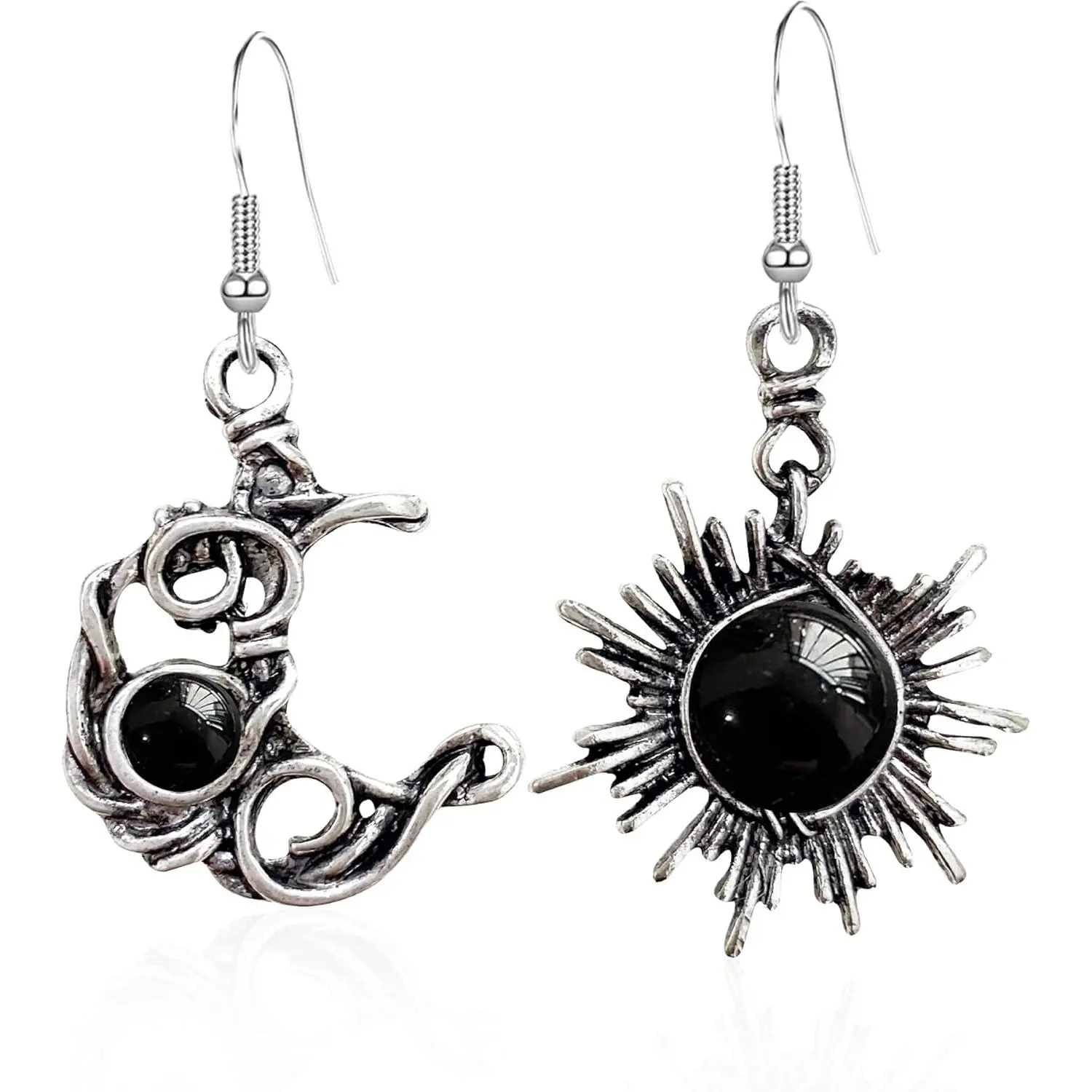 Vintage Boho Opal Sun and Moon Drop Dangle Earrings Moonstone  Stone Hook Bohemian for Women Asymmetrical Antiqued Silver Celestial Jewelry