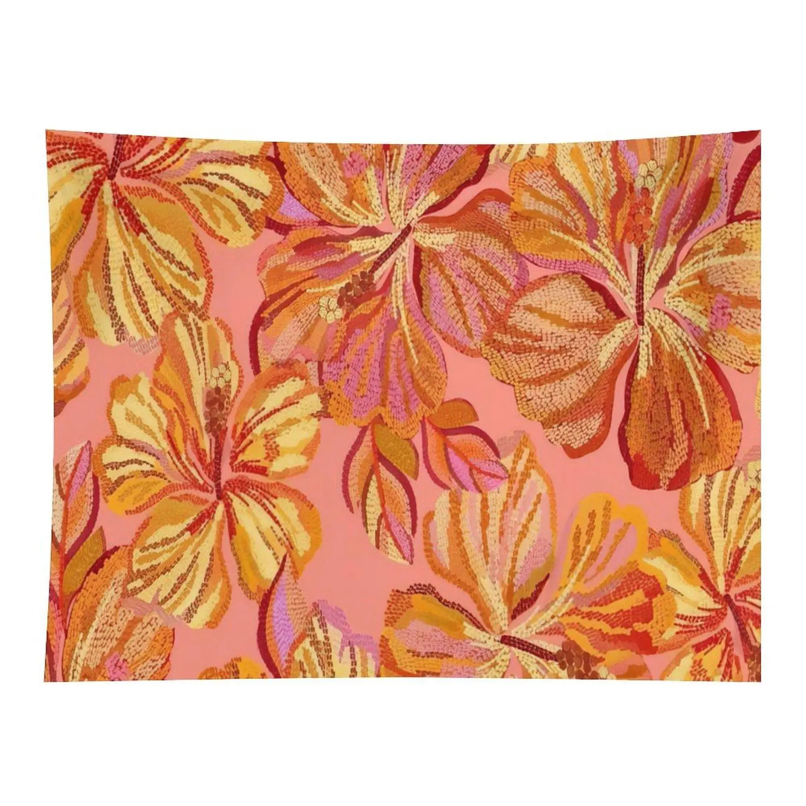 Warm Tone Hibiscus Flower Embroidery Texture Tapestry Pink Background Tropical Botanical Floral Wall Decor For Boho Summer Room