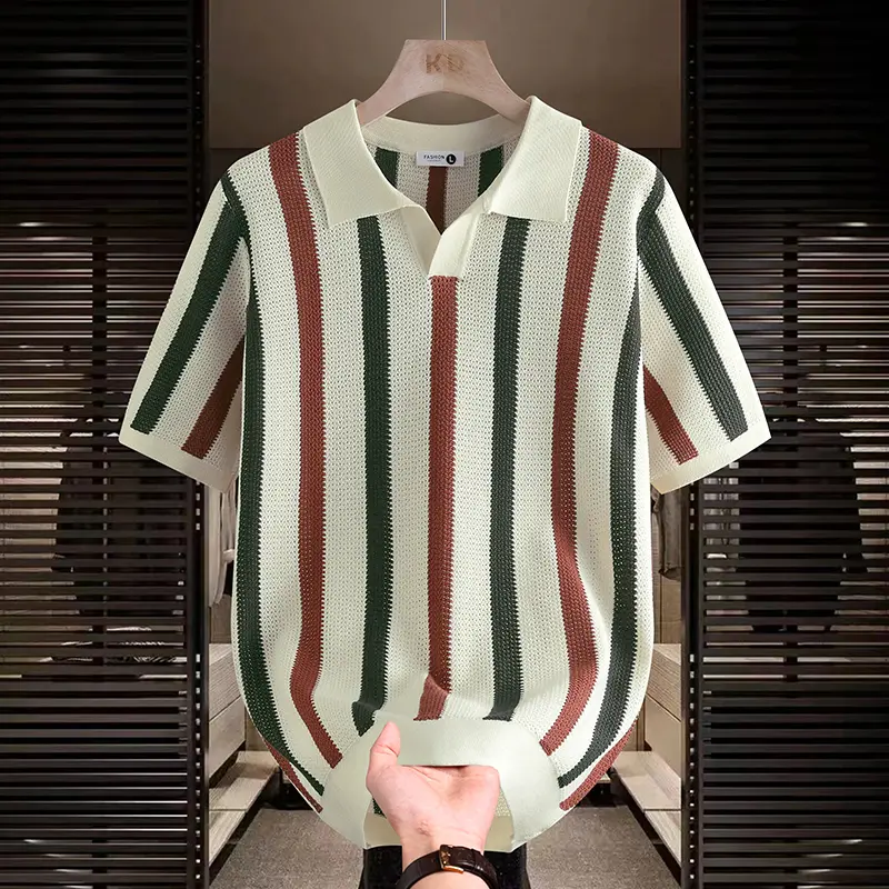 Men's Retro Polo Shirt, Color-Block Stripe Openwork Knit V-Neck Top, Casual Short Sleeve Street Fashion, Knit Texture, Sleeves