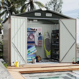 Aoxun 6' x 8' Storage Shed with Base Outdoor Steel Garden Utility Cabinet with Lockable Door Waterproof & Rust-Proof for Yard, Patio, Backyard (Brown, Base Included)