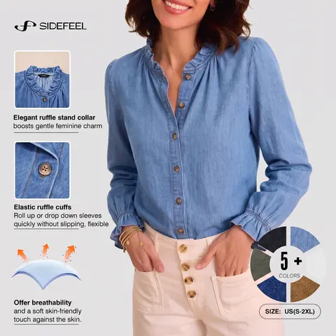 Sidefeel Womens Ruffle Button Down Denim Shirts | Frilled Neckline and Cuff,Puff Long Sleeve,Stand Collar,Relaxed Fit,Lightweight Fall Outfit,Jean Blouse Top