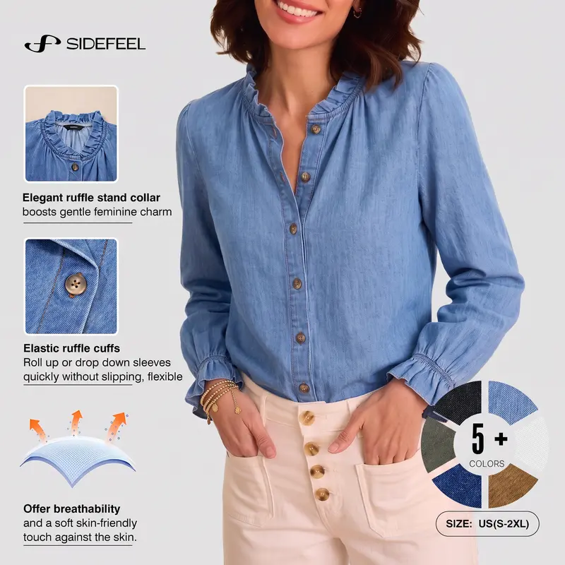 Sidefeel Womens Ruffle Button Down Denim Shirts | Frilled Neckline and Cuff,Puff Long Sleeve,Stand Collar,Relaxed Fit,Lightweight Fall Outfit,Jean Blouse Top