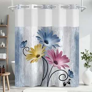 No hooks double-layer shower curtain, Daisy printed waterproof fabric, retro country style home decoration, hotel, dormitory and bathroom accessories, 72x75in