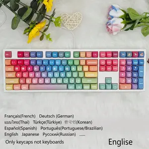 Rainbow Candy Moa Height Mechanical Keyboard Keycaps, Pbt Material, Heat Sublimation, Cute Cartoon Design, Rainbow Theme, Compatible with Mx Switches