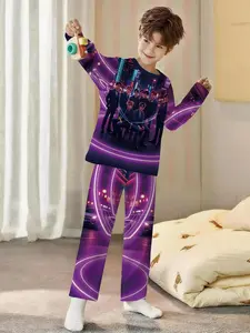 Boys' Idol-Inspired Sleepwear Set, Urban Print Long Sleeve Pajamas & Extended Pants, Fire-Resistant Fabric, Casual Comfort, Casual Comfy Pajama, Pajama Outfit