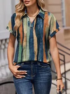 2026 Women's Artistic Gradient Striped Collared Shirt, Loose-Fitting Short Sleeve Top, Casual Daily Wear, Elegant Design