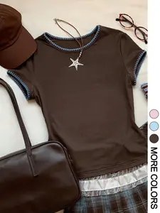 Women's Contrast Picot Stitch Trim Cropped T-Shirt, Crew Neck, Short Sleeve, High Stretch Smooth Knit Fabric, Retro Y2K Casual Style