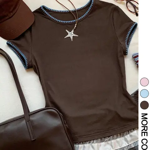 Women's Contrast Picot Stitch Trim Cropped T-Shirt Fit Top, Summer, Crew Neck, Short Sleeve, High Stretch Smooth Knit Fabric, Retro Y2K Casual Aesthetic Style, Everyday, Casual Crewneck Tops, Casual Cropped Tees