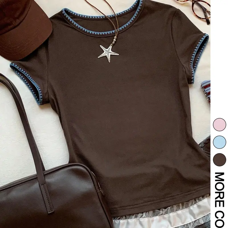 Women's Contrast Picot Stitch Trim Cropped T-Shirt Fit Top, Summer, Crew Neck, Short Sleeve, High Stretch Smooth Knit Fabric, Retro Y2K Casual Aesthetic Style, Everyday, Casual Crewneck Tops, Casual Cropped Tees
