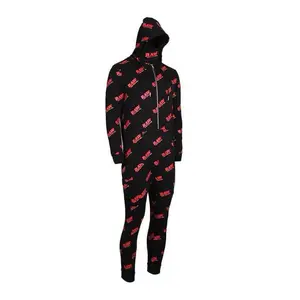 RAW CLASSIC Men's Large-Size Spacesuit Loungewear - Menswear Stylish Longsleeves Casual Pajama Onesie, Black Sleepwear with Bold Red Logo
