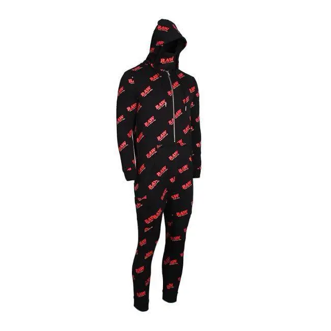 RAW CLASSIC Stylish Menswear Pajama Onesie, Versatile Long Sleeve Spacesuit with Bold Red Logo, Casual Loungewear