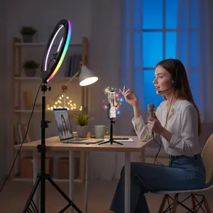 【Flash Sale】12" RGB portable video light with 43.3" Tripod Stand & 2 Phone Holder, LED Ring lights with Multiple RGB Colors Modes and 3 Brightness Dimmable for Makeup/Photography/Videos/Vlog/TikTok ring light glow content#Mother's Day Gifts