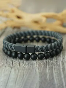 Men's Magnetic Clasp Bracelet Set, Dual Color Braided Cord Agate Beads, Faux Leather Outdoor Cycling Accessory, 2-Piece Set, Bangles Bracelets Set, Casual Trendy Jewelry, Beaded Bracelets