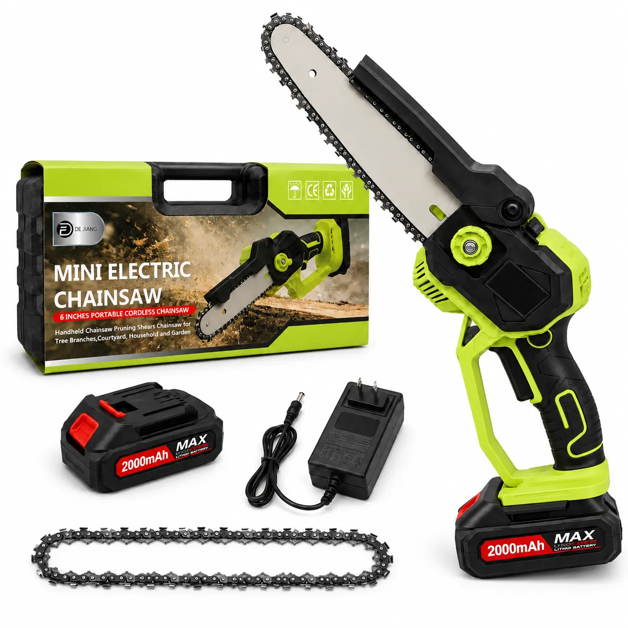 6-Inch Compact Rechargeable Battery-Powered Cordless Mini Chainsaw Kit for Adults, 2 Batteries (2 x 2000mAh), Charger, Spare Chain, Carrying Case, Tree Trimming & Wood Cutting Festive Gift