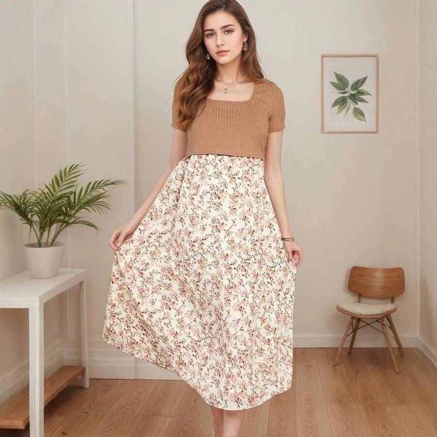JOCASTAA Ribbed Knit Floral A-Line Dress, Two-Piece Nursing Style, Maternity Daily Wear