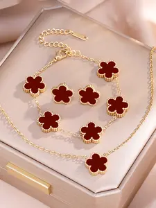 Women's Pearl Four-Leaf Clover Necklace Bracelet Earrings Set, Elegant Jewelry Accessory, Perfect Gift for Her, Suitable for Any Occasion