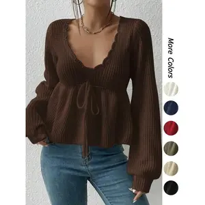 Women's Plain Drawstring Tie Front Scallop Trim Crop Knit Top, Casual Bishop Sleeve Deep V Neck Lightweight Knitwear for Fall & Winter, Fashion Ladies' Knit Clothing for Daily Wear, Autumn Fashion Long Sleeves Sweater Top
