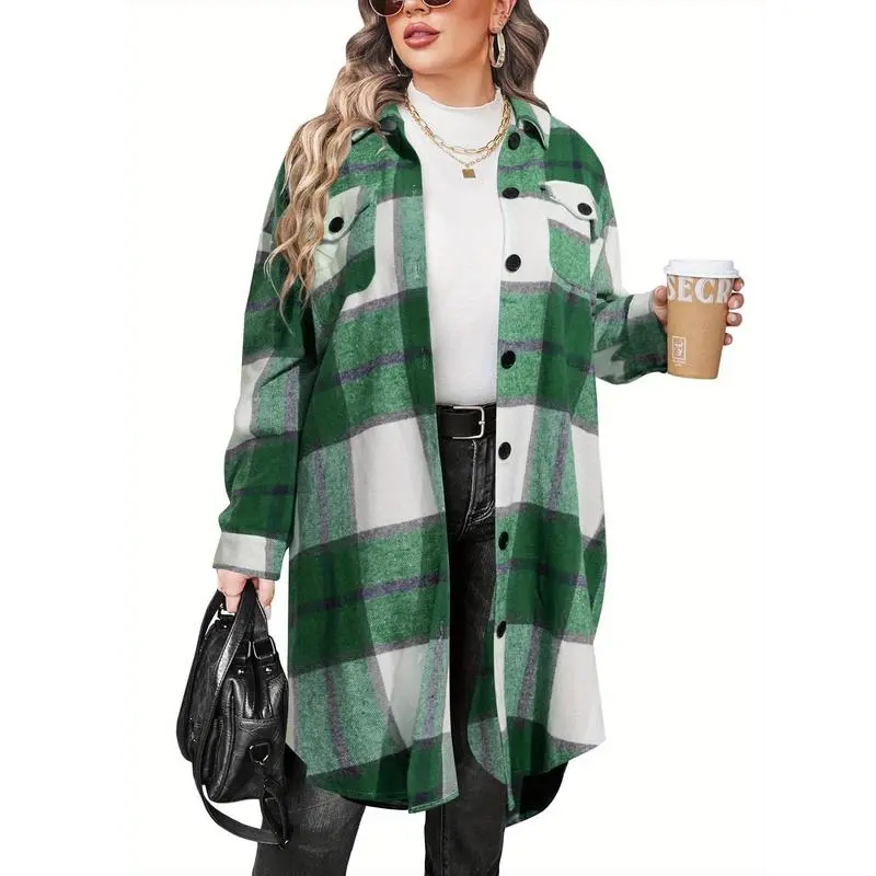 Womens Plus Size Flannel Plaid Shirts Long Sleeve Lounge Lapel Boyfriend Button Down Tartan Long Jacket Coats