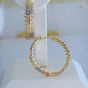 Leaf Design Hoop Earrings - 14k Laminated Gold 3-Tone Hypoallergenic Daily Wear Earrings