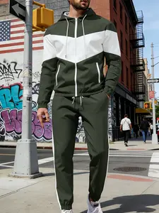 Men's Vintage Color Block Patchwork Sports Set Zip-Up Hoodie Combo, Streetwear