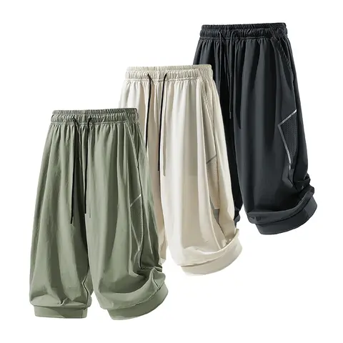 Men’s 3-Pack Loose Fit 3/4 Length Gym Sportswear Bottoms, Breathable Mesh Side Panels, Lightweight Cool Fabric, Elastic Drawstring Sweatpants, Multi-Color Set, Ideal for Summer Hiking, Casual Lounging, Fitness Training Pant, Jogging Pants