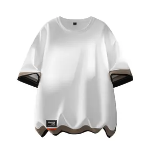 Japanese street style faux two-piece patchwork color-block short-sleeve T-shirt for men — summer loose fit, plus size, versatile design, niche trendy casual top for teens/students summervibes