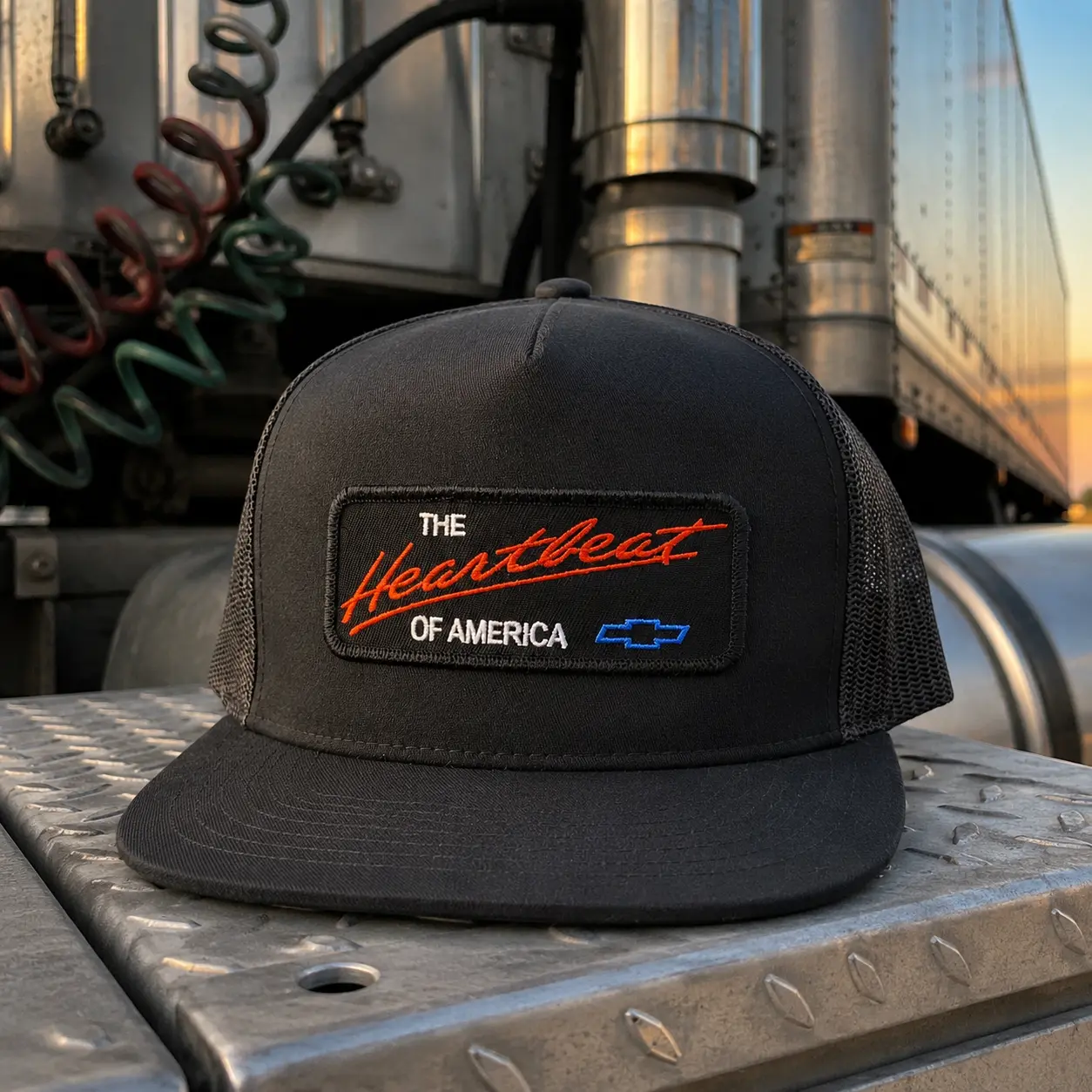 Heartbeat of America Embroidered 7 Panel Trucker Hat, White Mesh Snapback Cap, Vintage Patch Flat Bill Hat, Retro Trucker Cap, Adjustable Gift for Men