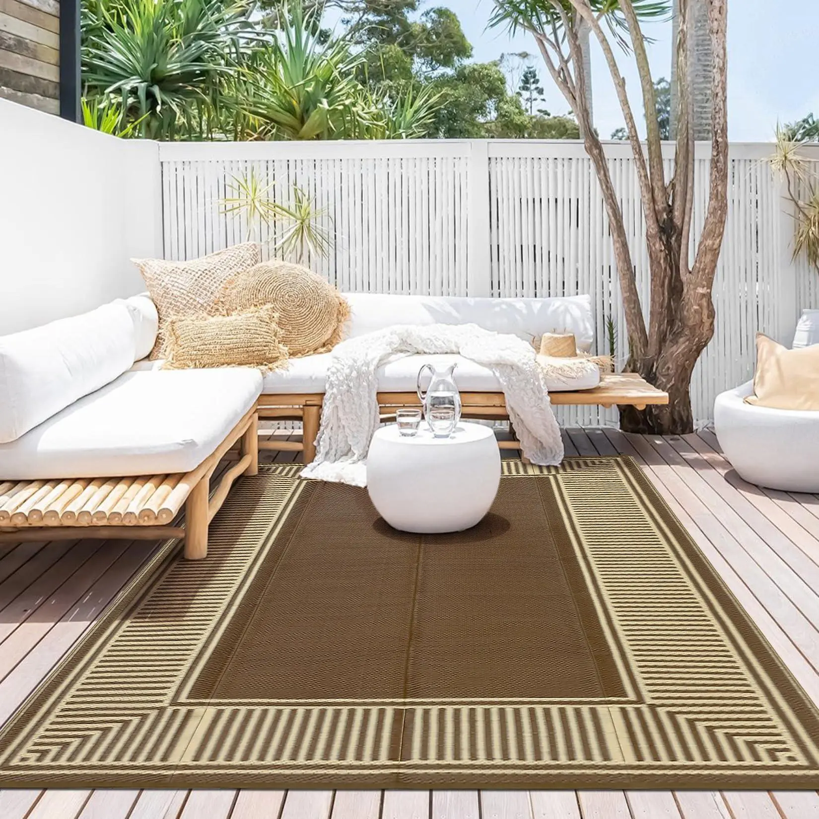 Outdoor Rug  Waterproof Mat Reversible Outdoor Plastic Straw Rug Patio Rugs Camping Rugs Portable Outdoor Mat for RV Porch Balcony Backyard Picnic Beach Line Brown