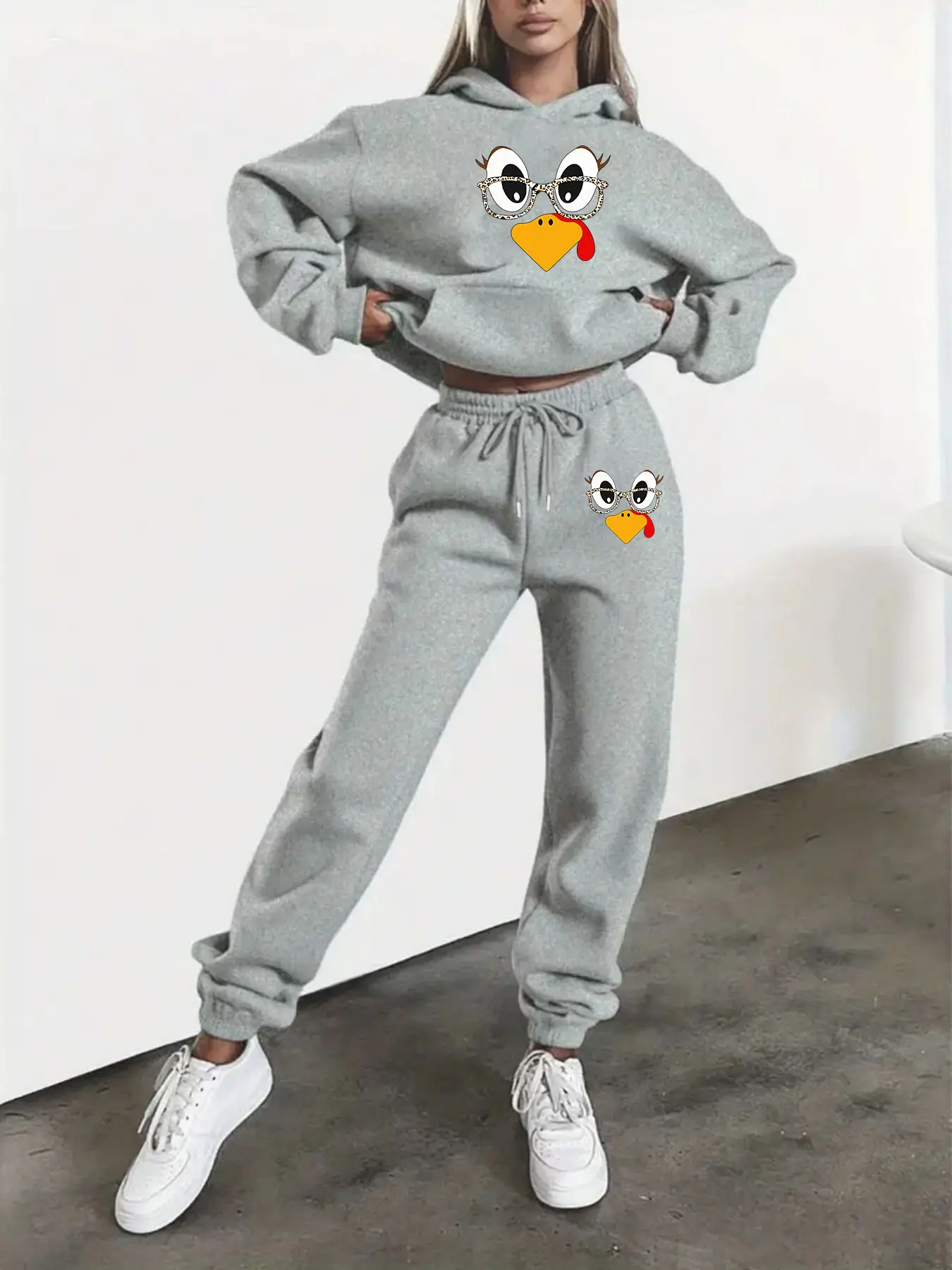Women's Autumn Winter Casual Set, Fun Turkey Print, Cute Animal Pattern, Fitted Style, Daily Wear & Festive Occasions