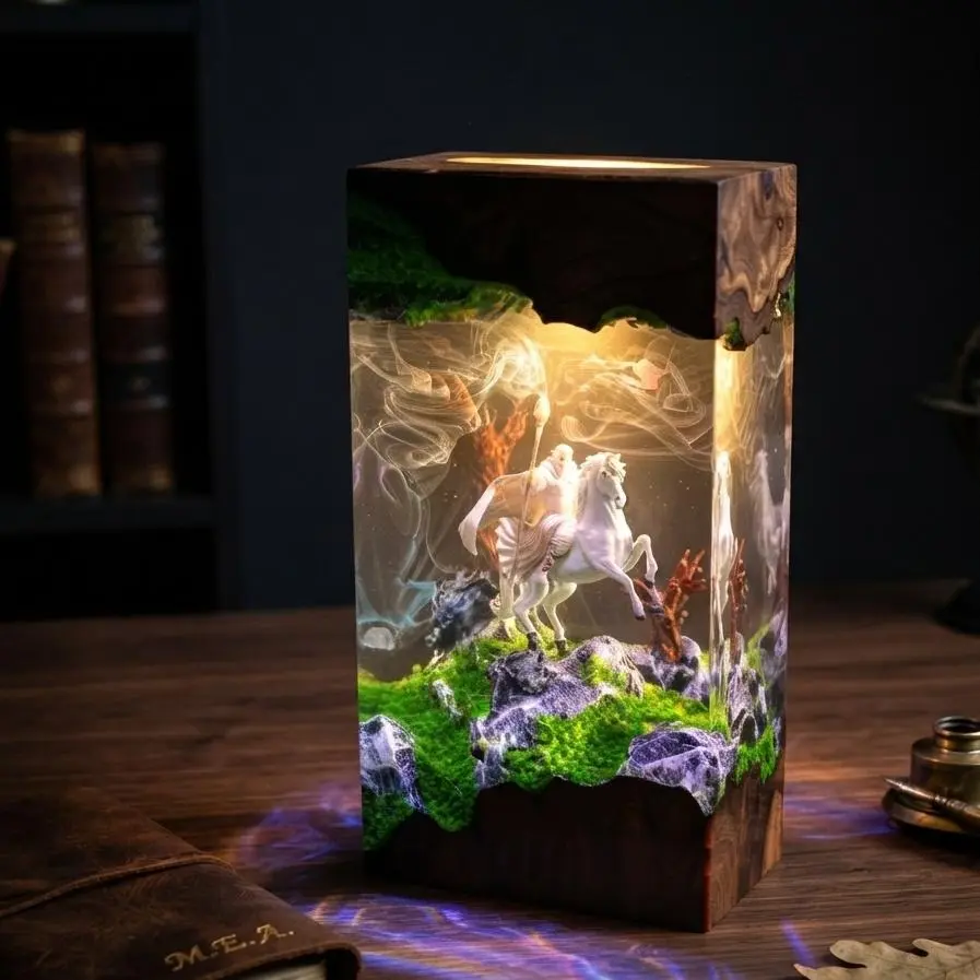 Gandalf Resin Lamp, LOTR LED Night Light, Handmade Epoxy Resin Lamp with Wood Base, USB RGB Fantasy Desk Lamp with Remote Control, Lord of the Rings Gift