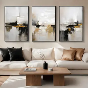 Abstract Neutral Wall Art Black and Brown Grunge Framed Mid Century Modern Wabi Sabi Textured Canvas Painting Artwork for Living Room Bedroom Office- 3 Panels, 16x24 Inch, Ready to Hang