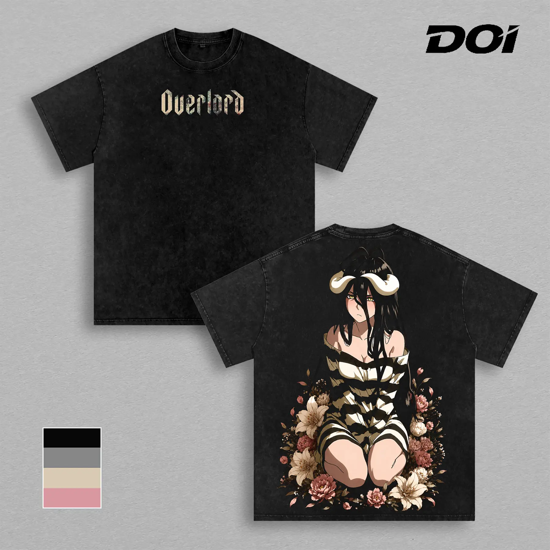 Albedo Overlord Anime Double Printed Vintage Washed Tee Unisex Oversize Anime Manga Washed Heavyweight Cotton T-shirt