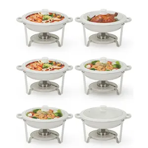 Maifanite-Coated Chafing Dishes for Buffets, 6 Pack 5.3QT White Round Chafing Dish Set with Transparent Lids, Stainless Steel Commercial Food Warmer for Parties, Weddings, Restaurants & Catering