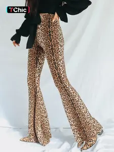 Women's Leopard Print High Waist Flare Leg Pants, Street Style Bell Bottom Trousers For Party Club, Ladies Bottoms For All Seasons, Womenswear
