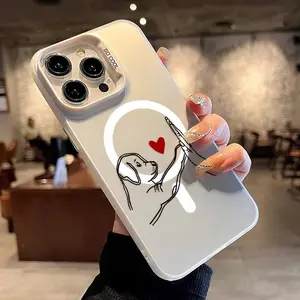 Minimalist High Five with a Dog Pattern Magnetic Phone Case for iPhone 15 16 14 Pro Max 13 12 11 XR XS Plus Shockproof Non Slip Military-Grade Protection Slim Cover Cellphone Protective Casing