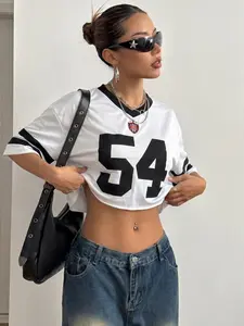 White Cropped Football Jersey with Black "54" Print, Y2K Sporty & Streetwear Vibe. This cropped jersey-style tee features a V-neck with black trim, short sleeves with striped cuffs, and a bold black "54" print on the front, Athletic Top.