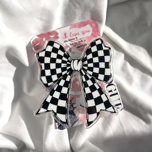 Black and White Checkerboard Bow Phone Grip Cute Ribbon Griptok Coquette Aesthetic Phone Holder Grunge Bowtie Phone Stand Acrylic Kindle Holder Trendy Gift for Girlfriend Tech