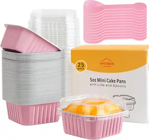 Mini Cake Pans with Lids 25 Pack,5oz Foil Individual Cupcake Baking Cups for Oven, Small Muffin Tin Single Baking Containers, Disposable Ramekins for Valentine Holiday Bake Sale-Pink