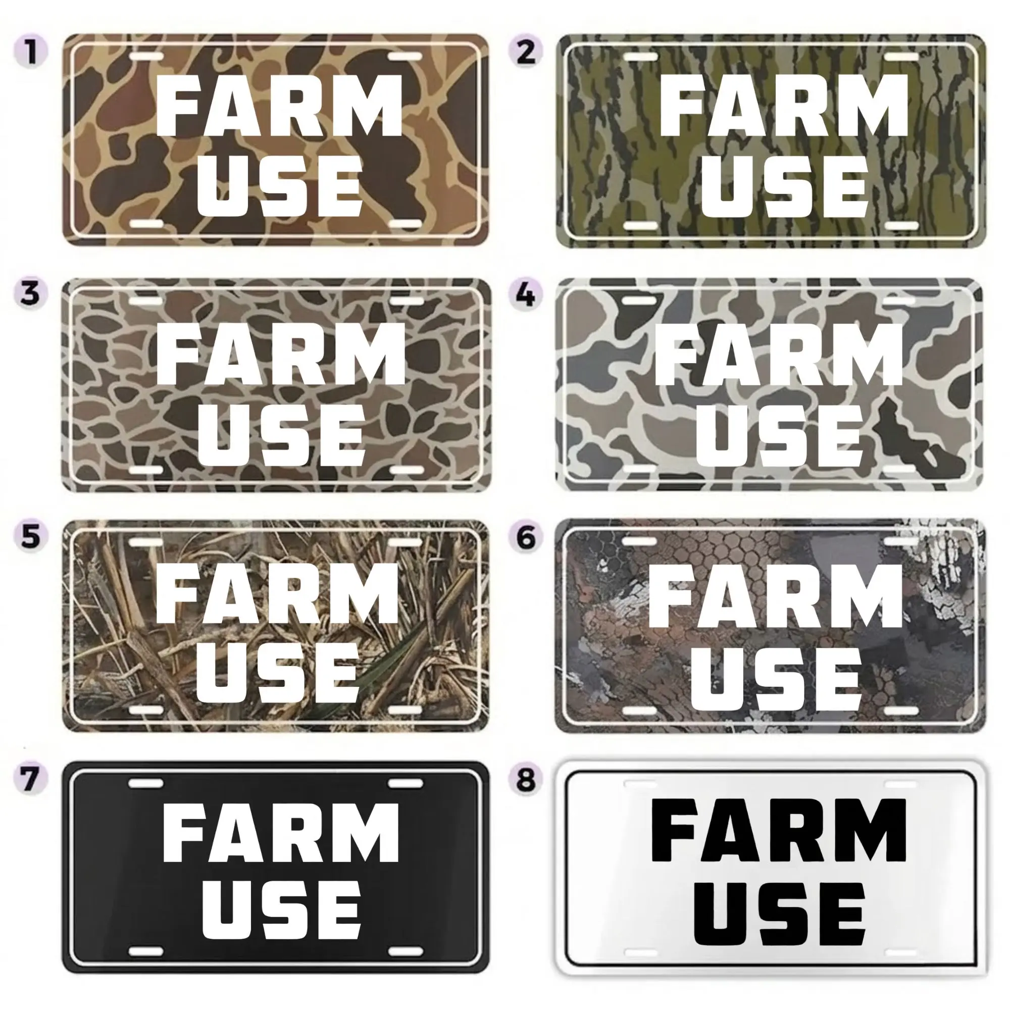 Farm Use Camouflage License Plate Collection, Agricultural Truck Vanity Front Tag, Rugged Outdoor Auto Decor, Gift for Him, 12x6 Inch Durable Metal