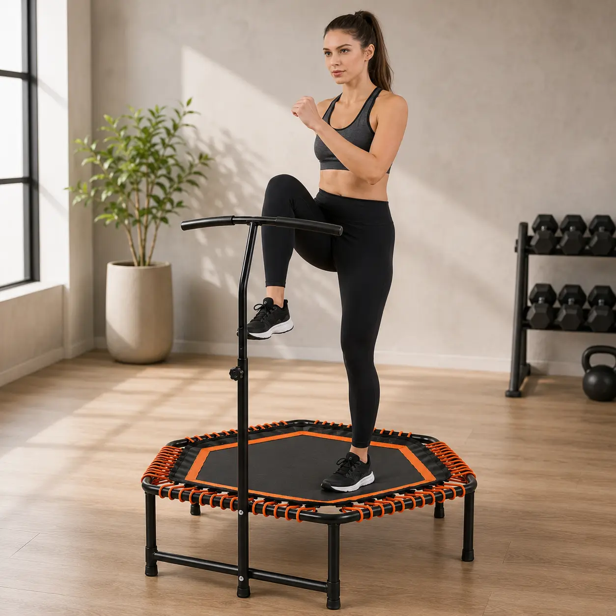 Fahuac 48-Inch Springless Trampoline, Folding Polypropylene Rebounder for Adults, Quiet Home Workout Equipment with Adjustable Handlebar and Carbon Steel Frame, 330 LBS Capacity, Jump Trampoline, Foldable, Cardio Workouts, Silent Rope, Jumping, Unisex