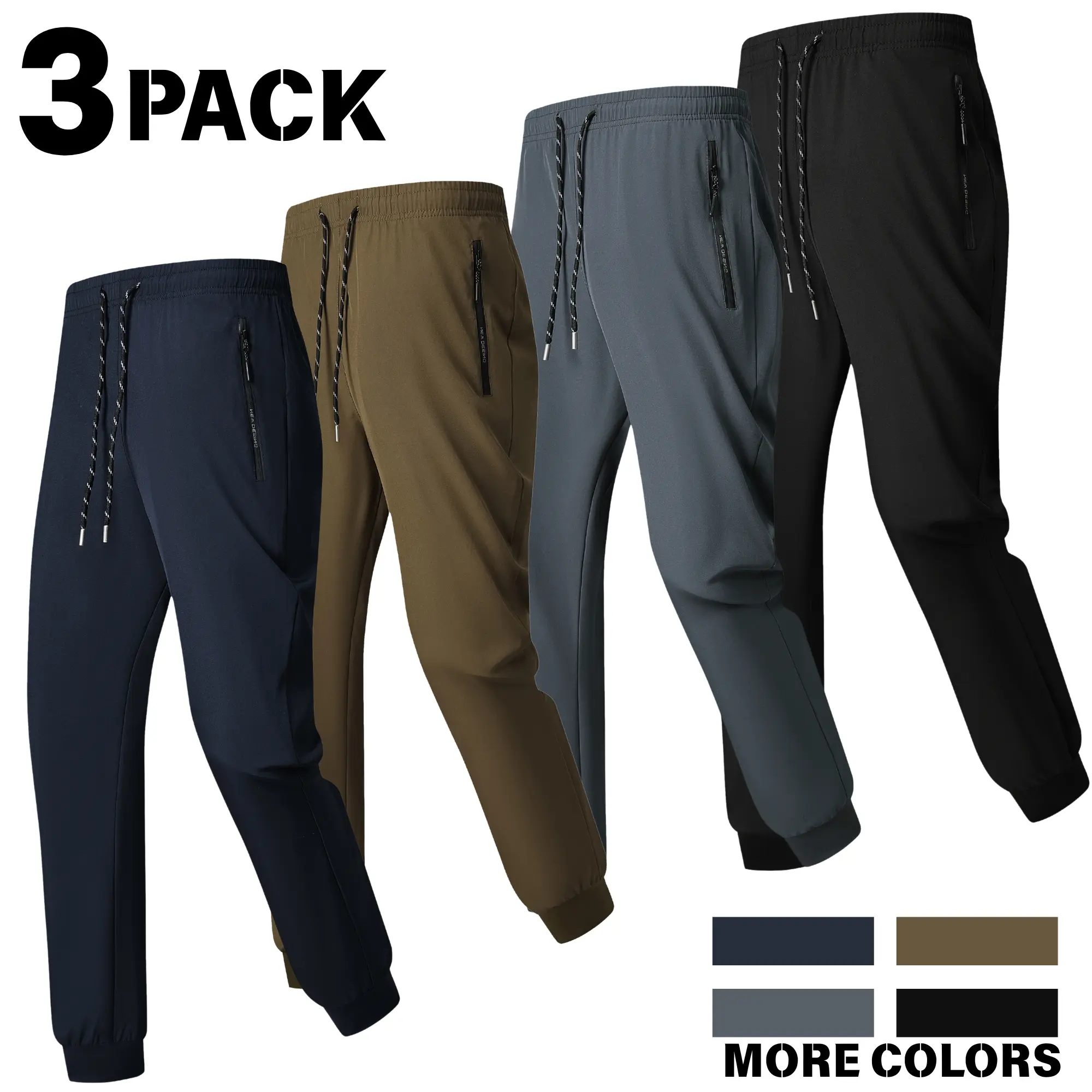 Men's 3-Pack Quick-Dry Jogger Pants, Casual Loose-Fit Style in Breathable Ice Silk Stretch Fabric with Zipper Pockets for Fitness