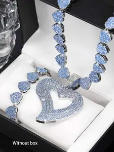 Women Heart-Shaped Pendant Necklace & Bracelet Matching Jewelry Set, Fashion Trendy Blue Tennis Chain Design, Ideal Gift for Women