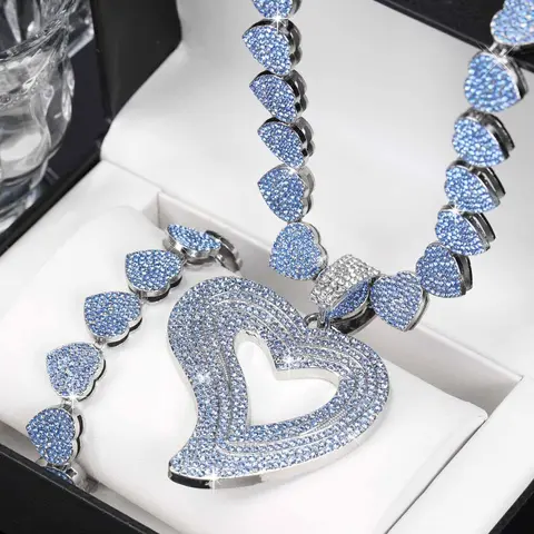 Women Heart-Shaped Pendant Necklace & Bracelet Matching Jewelry Set, Fashion Trendy Blue Tennis Chain Design, Ideal Gift for Women, Necklaces Set, Fashionable Jewelry Set, Jewellery Gift Set