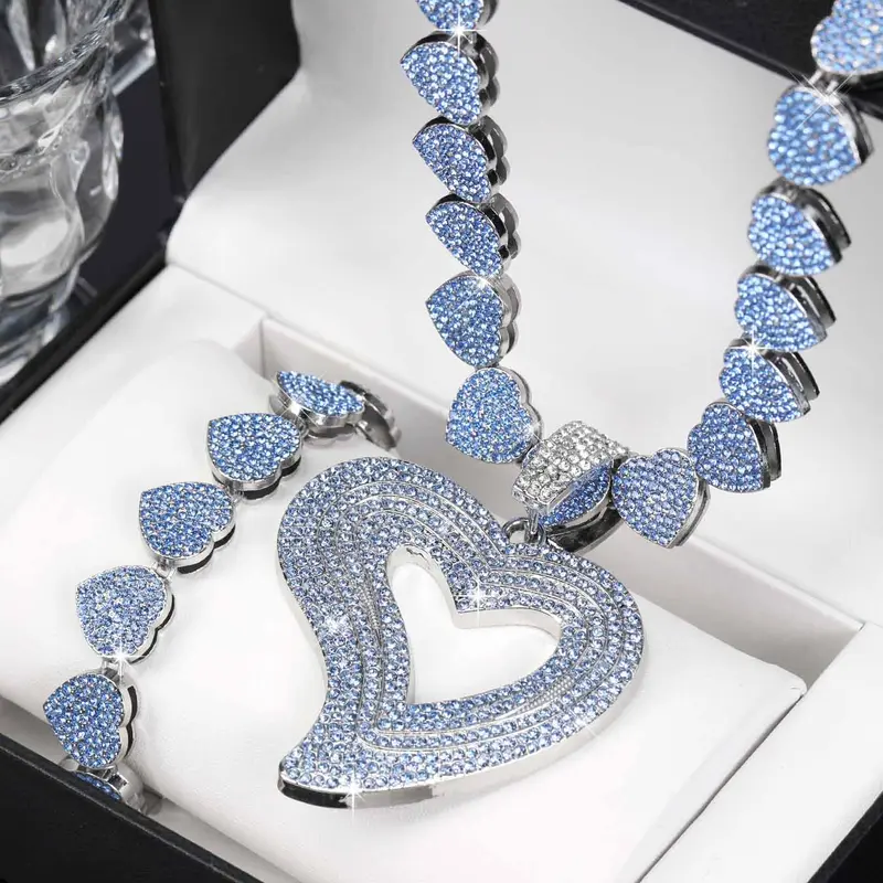 Women Heart-Shaped Pendant Necklace & Bracelet Matching Jewelry Set, Fashion Trendy Blue Tennis Chain Design, Ideal Gift for Women, Necklaces Set, Fashionable Jewelry Set, Jewellery Gift Set