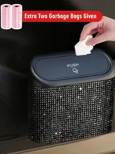 Artificial Rhinestone Decor Car Trash Can, Car InteriorHanging Storage Bin with Automatic Lid, MultifunctionallCar Accessories